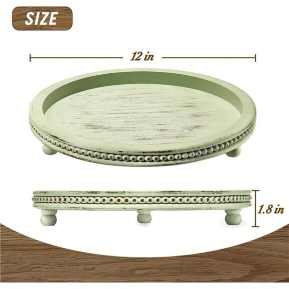 Wooden Beaded Round Tray Decorative Coffee Table Centerpiece Sage Farmhouse - Picture 2 of 6